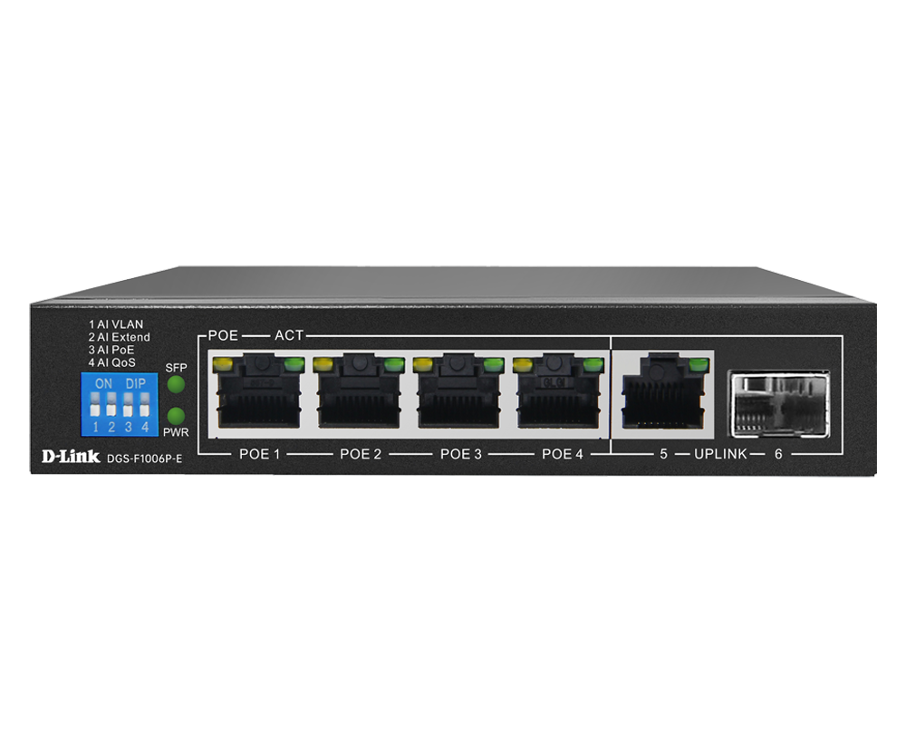 D-Link 6-Port Gigabit PoE Switch with 4 Long Reach PoE Ports and 2 Uplink Ports - DGS-F1006P