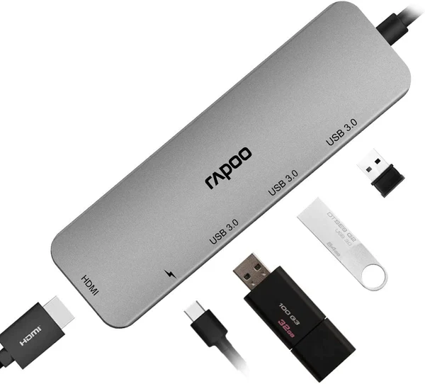 Rapoo Type C - 5 in 1 with 4K HDMI, 3 USB 3.0 Ports, Type C Charging - XD100C