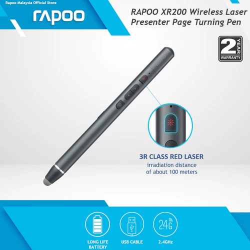 Rapoo Wireless Laser Presenter, Page Turining Pen XR200 - Black